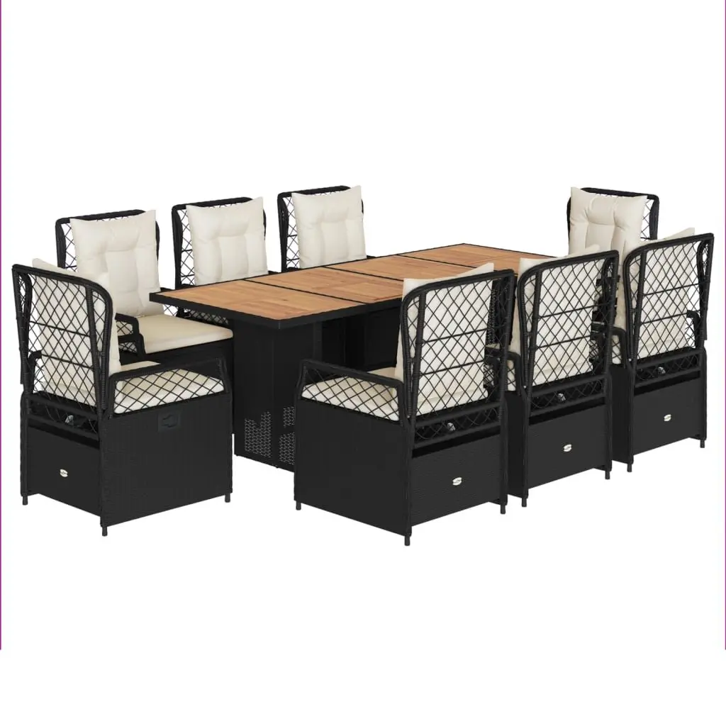 Outdoor Garden Dining Set 9 Piece Black Poly Rattan Furniture Adjustable Backrest Padded Cushions Acacia Wood Table