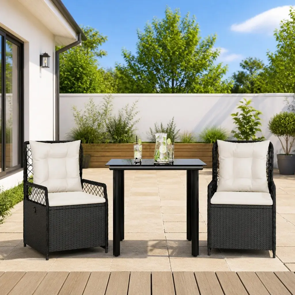 Garden Dining Set 3 Piece Black PE Rattan Table and Chairs with Adjustable Backrest and Thickly Padded Cushions