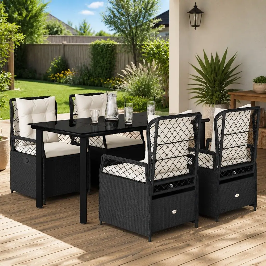 Garden Dining Set 5 Piece Black Poly Rattan Outdoor Furniture with Cushions