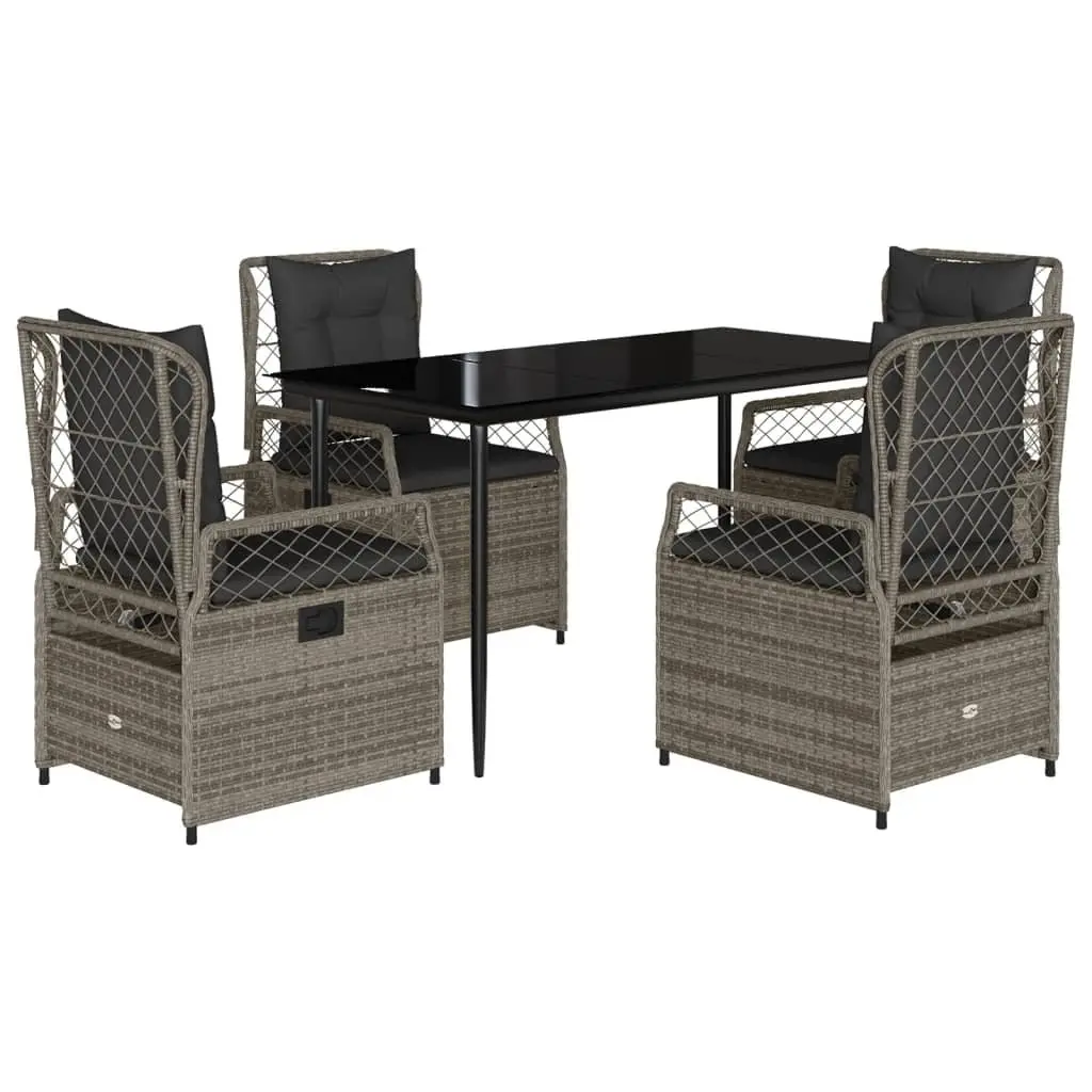 Outdoor Dining Set 5 Piece Grey Rattan Chairs Table with Cushions Adjustable Backrest