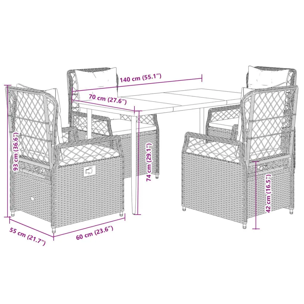 Outdoor Dining Set 5 Piece Grey Rattan Chairs Table with Cushions Adjustable Backrest