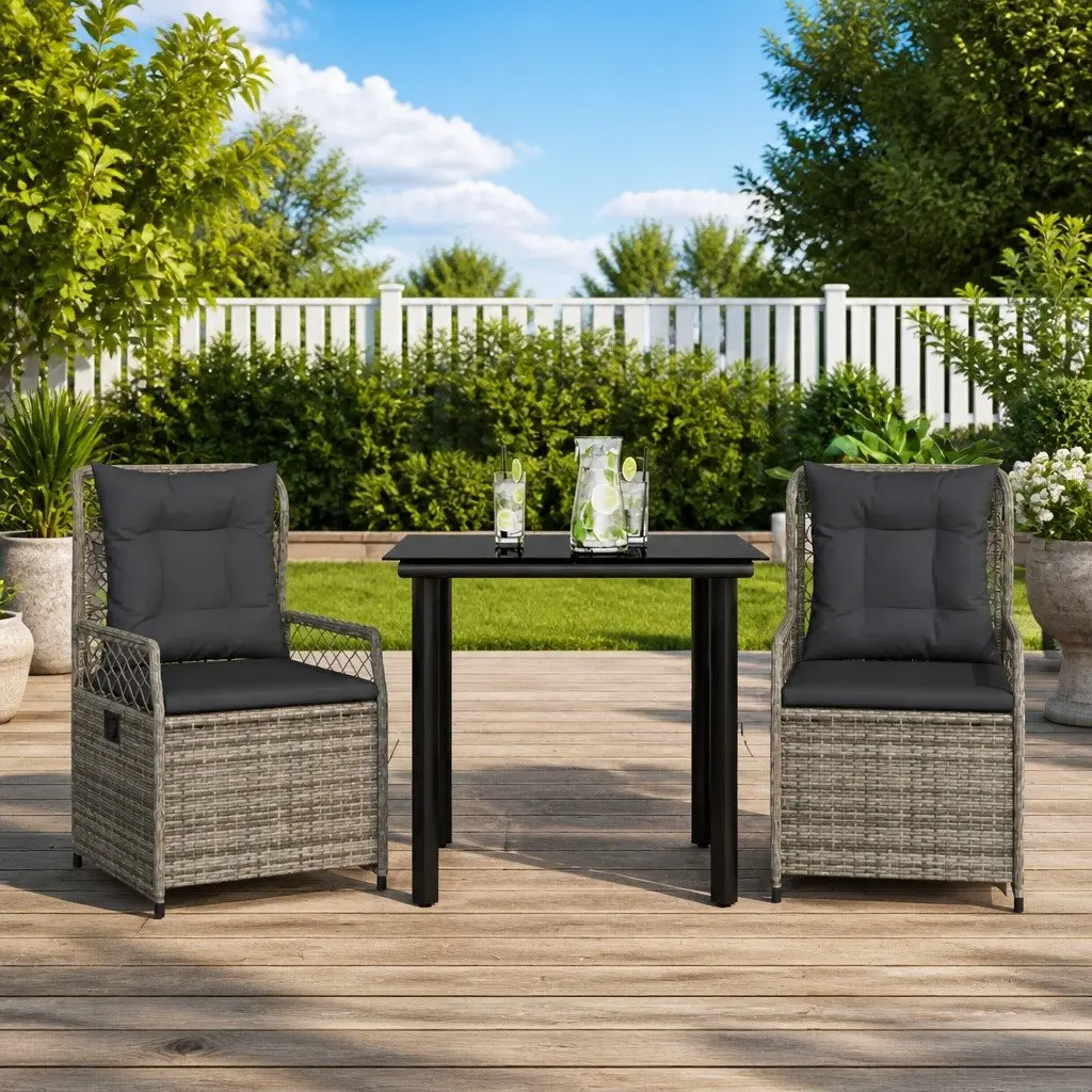Outdoor Furniture Set 3 Piece Grey Poly Rattan Dining Table Adjustable Backrest Chairs
