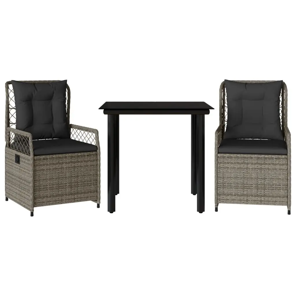 Outdoor Furniture Set 3 Piece Grey Poly Rattan Dining Table Adjustable Backrest Chairs