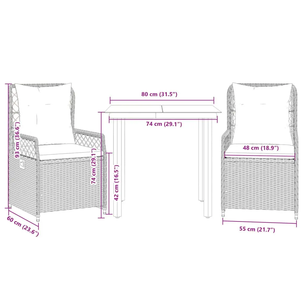 Outdoor Furniture Set 3 Piece Grey Poly Rattan Dining Table Adjustable Backrest Chairs