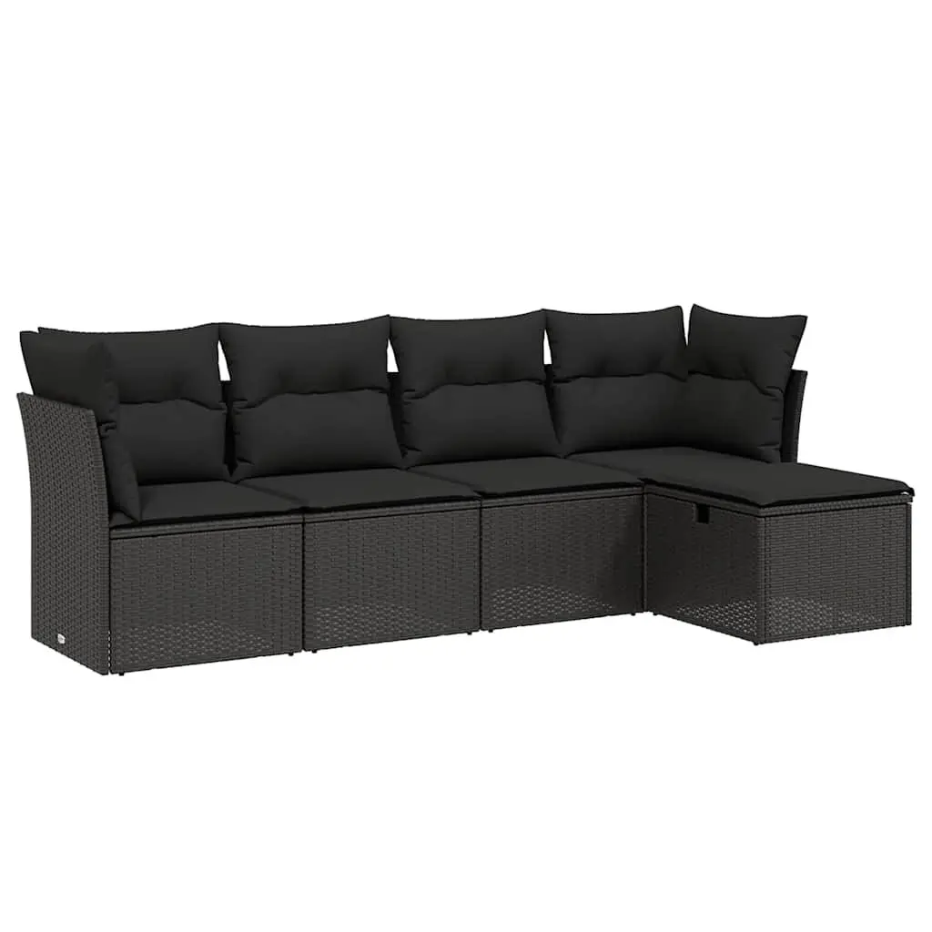 5 Piece Outdoor Garden Sofa Set with Cushions Black Poly Rattan Patio Furniture