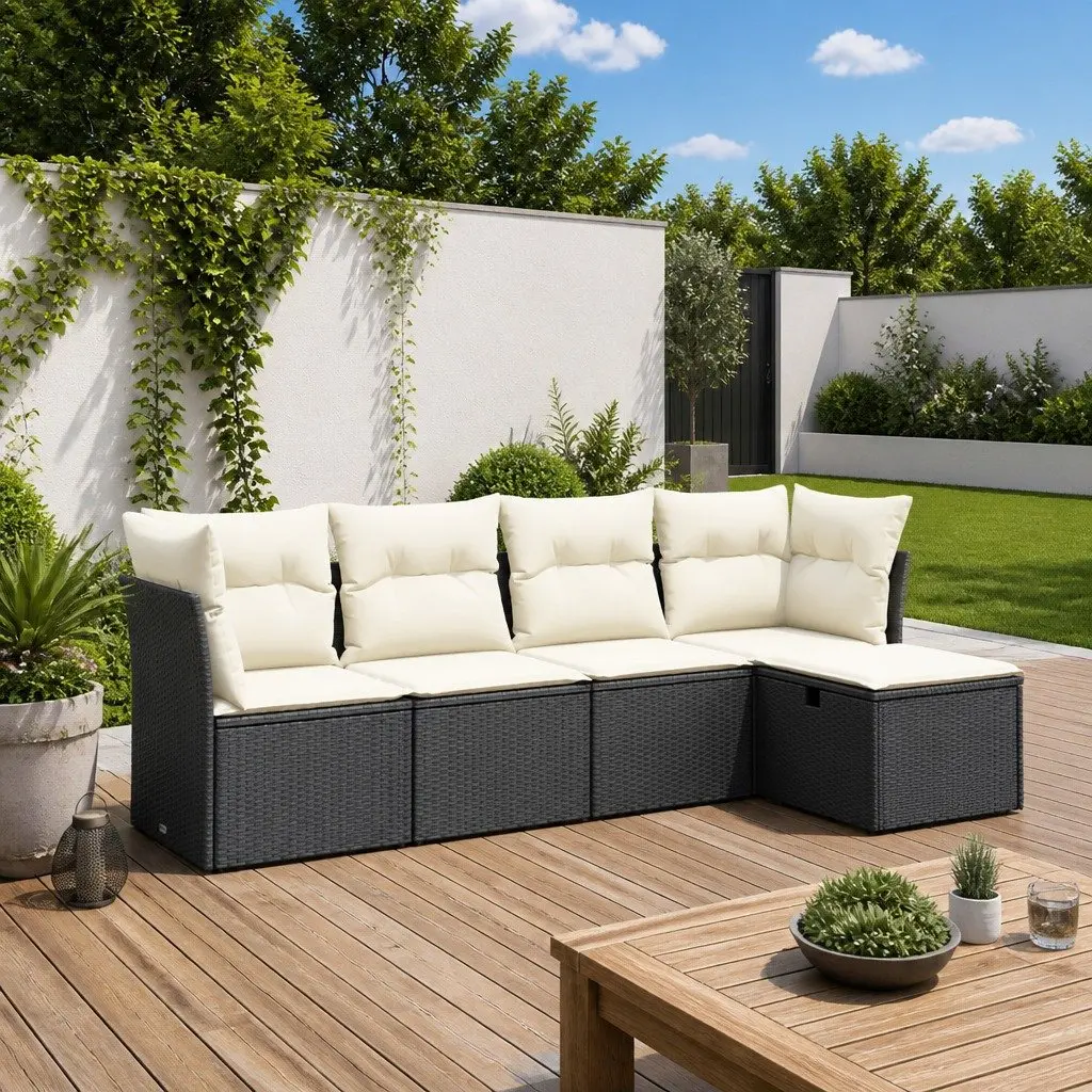 5 Piece Modular Outdoor Garden Sofa Set Black Poly Rattan with Cushions