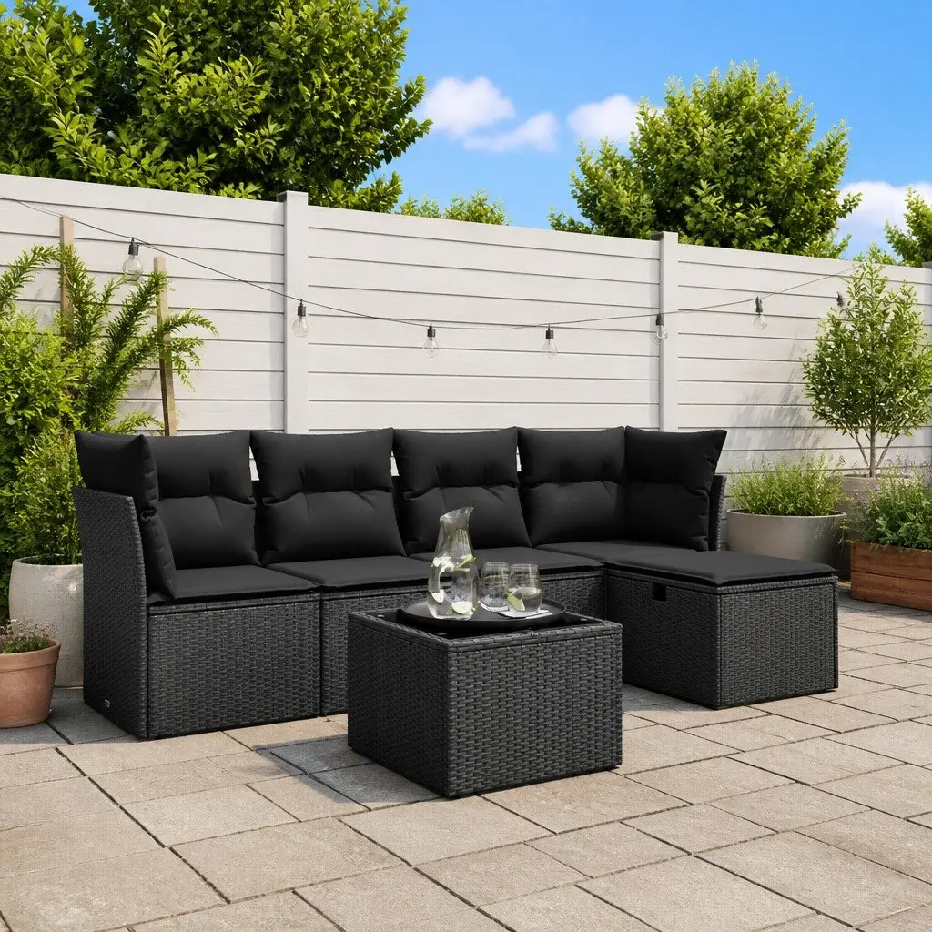 Outdoor Furniture Sofa Set Modular Black Poly Rattan 6 Piece Patio Lounge