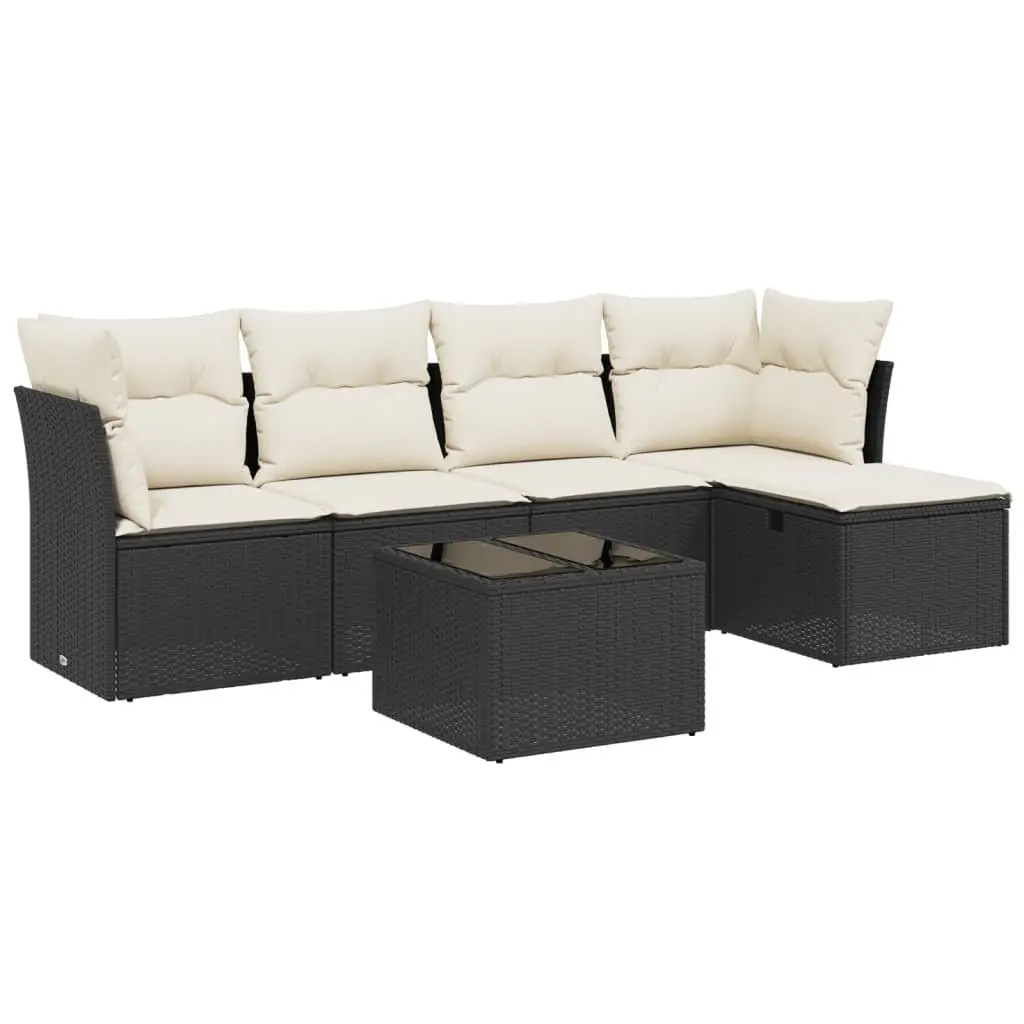 Garden Sofa Set 6 Piece Outdoor Furniture Black Poly Rattan with Glass Table