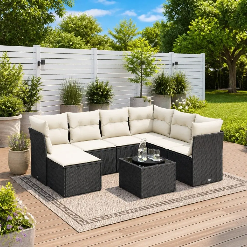Garden Sofa Set Black Poly Rattan 8 Piece Outdoor Furniture with Cushions