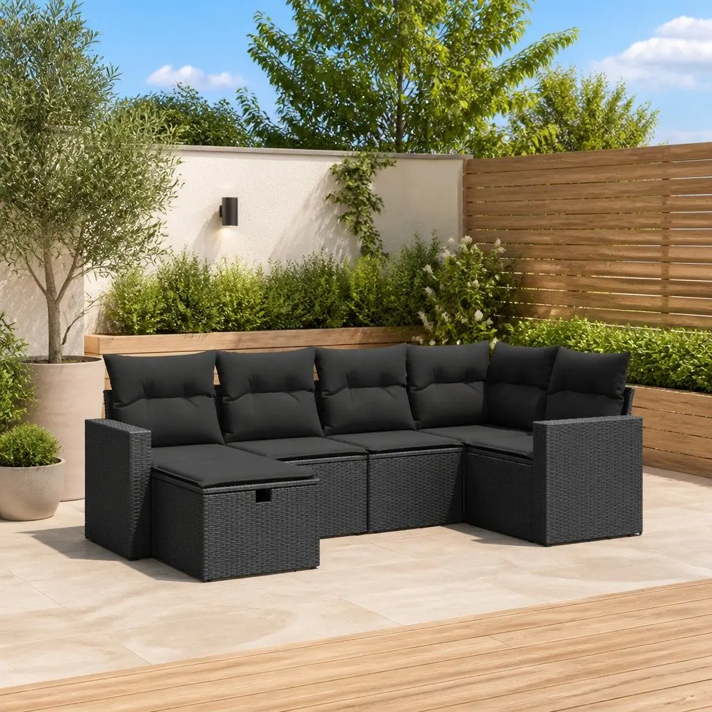 6 Piece Garden Sofa Set Black PE Rattan Outdoor Furniture with Cushions