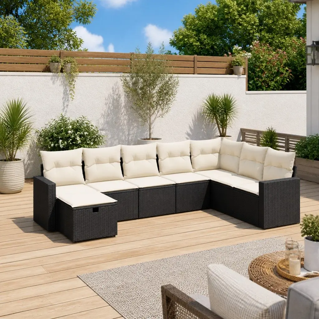 8 Piece Modular Outdoor Sofa Set Black Poly Rattan with Cushions for Garden and Patio