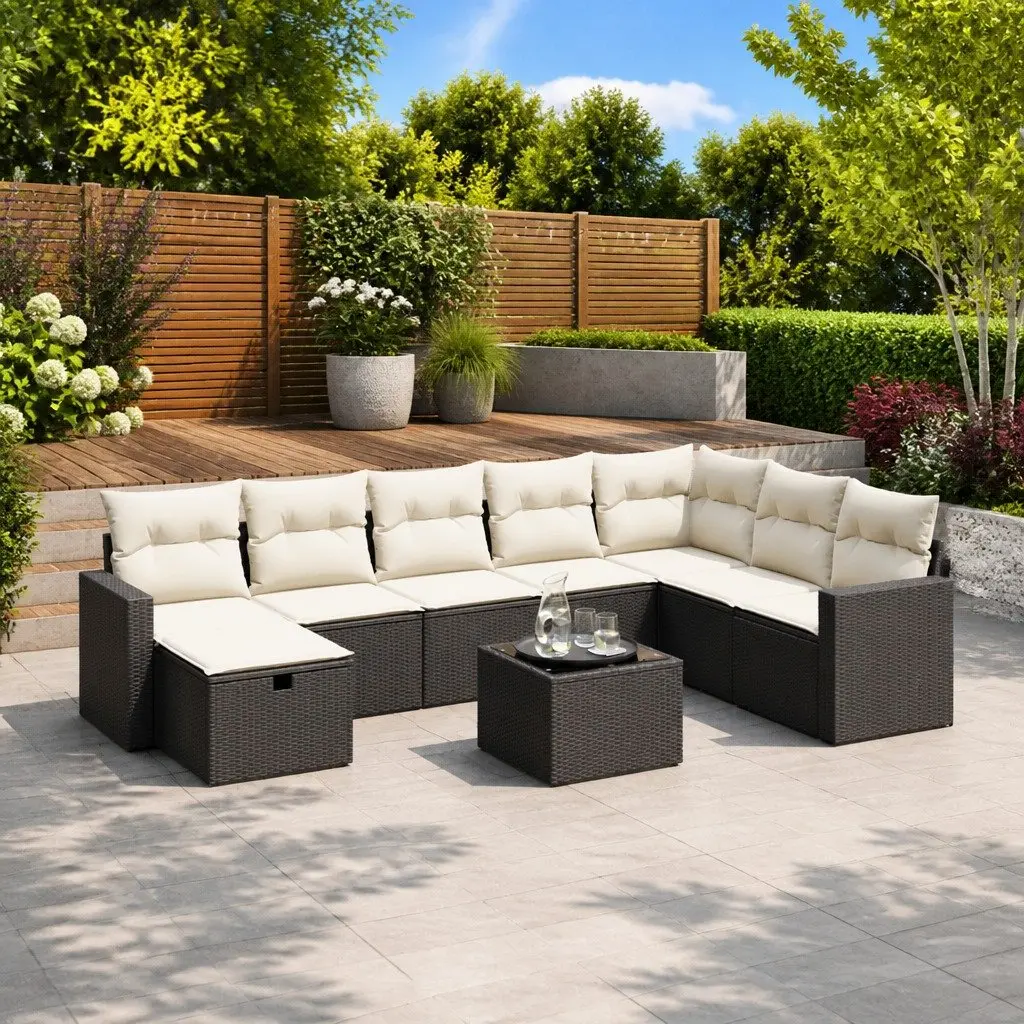 9 Piece Modular Garden Sofa Set Black PE Rattan with Cushions and Tempered Glass Table
