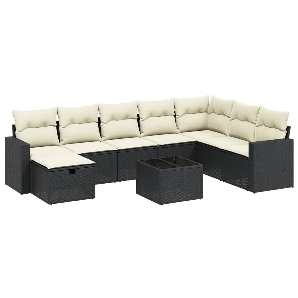 9 Piece Modular Garden Sofa Set Black PE Rattan with Cushions and Tempered Glass Table