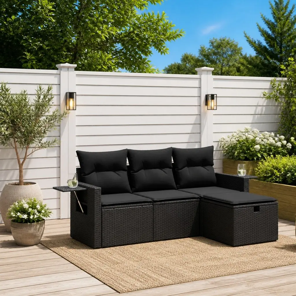 4 Piece Modular Outdoor Garden Sofa Set Black PE Rattan with Cushions