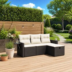 4 Piece Outdoor Garden Sofa Set with Cushions Black Poly Rattan Patio Furniture