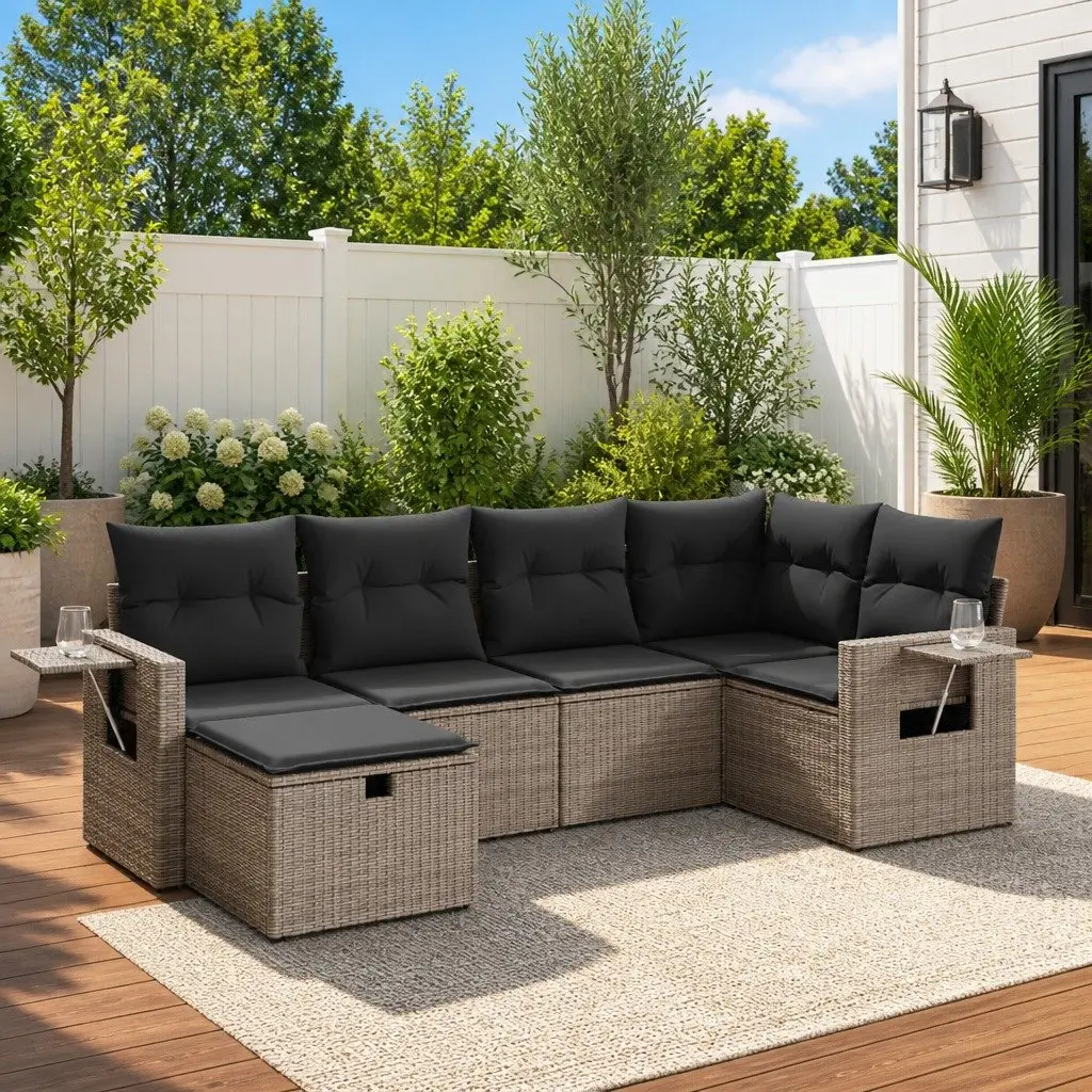 Outdoor Furniture Sofa Set Modular Grey Poly Rattan 6 Piece