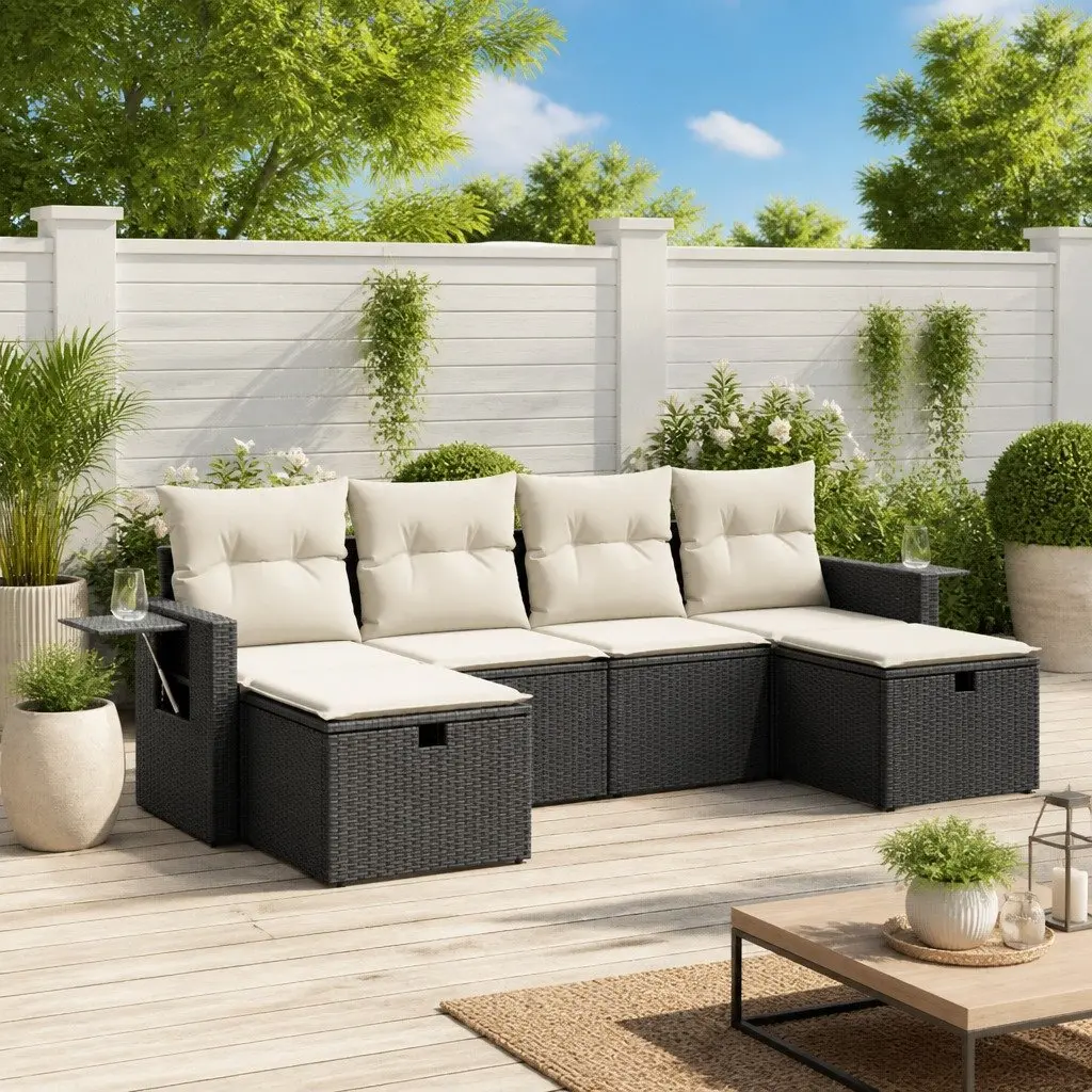 Garden Sofa Set Modular Black PE Rattan 6 Piece Outdoor Patio Furniture