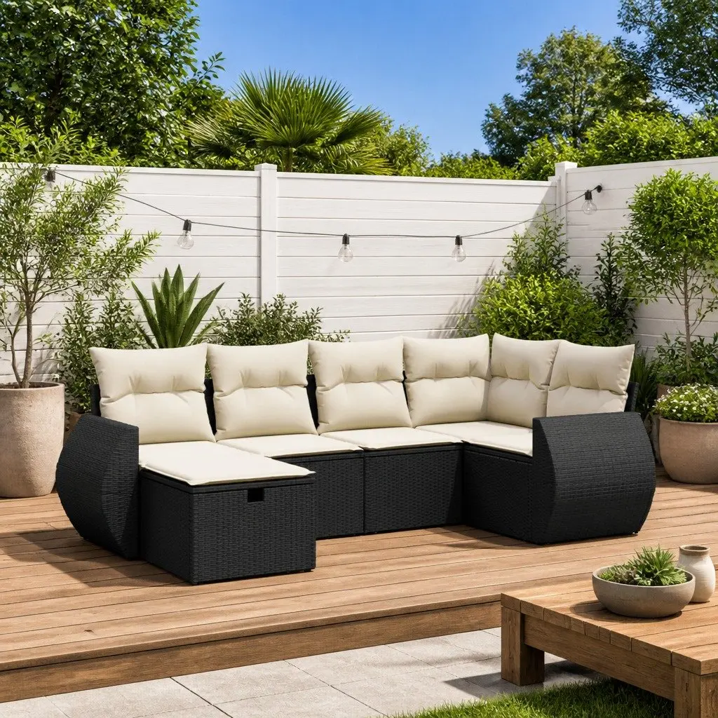 Garden Sofa Set 6 Piece Outdoor Furniture Black Poly Rattan Patio Seating