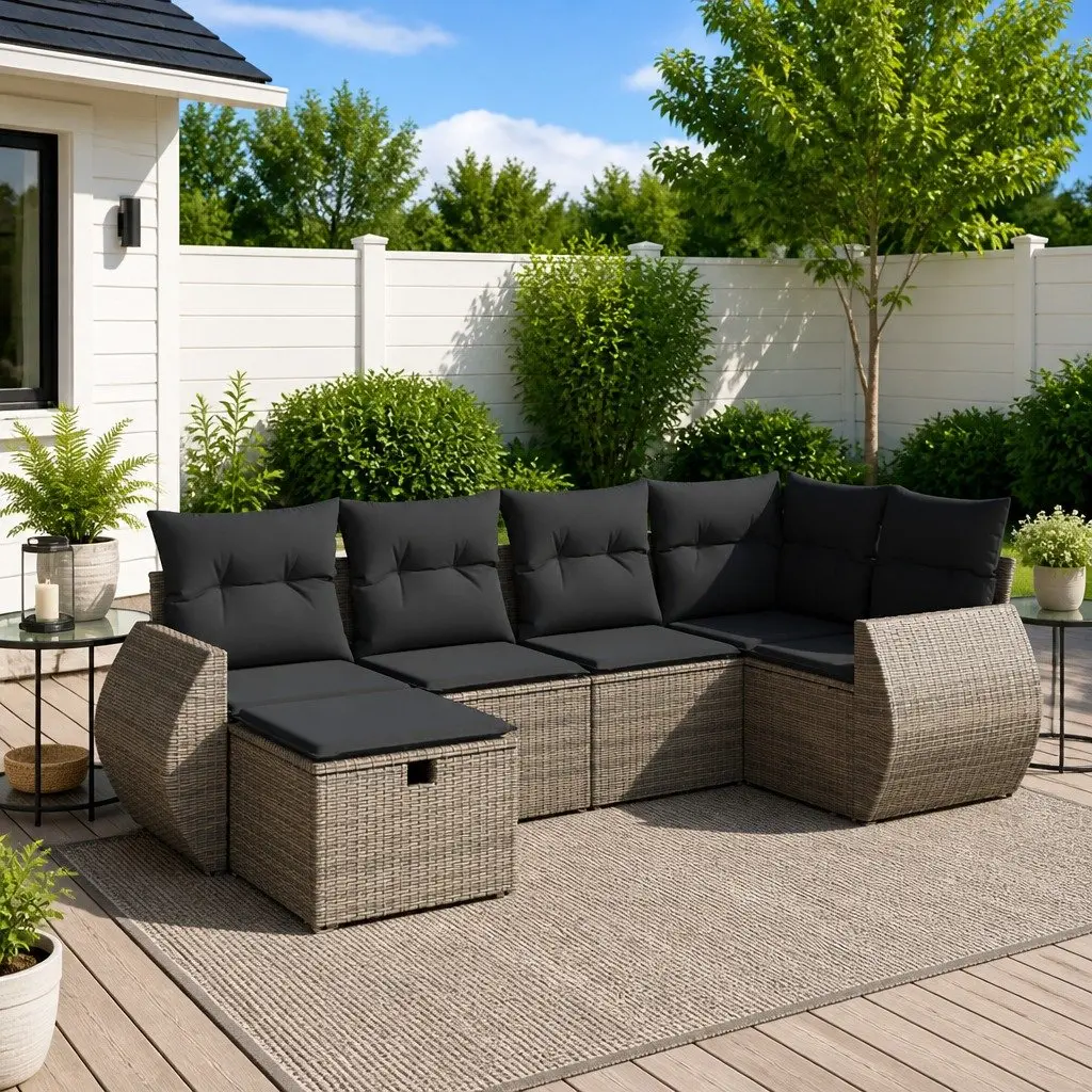 Garden Sofa Set 6 Piece Outdoor Furniture Grey Poly Rattan with Cushions Patio