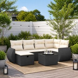 Outdoor Garden Sofa Set 7 Piece Patio Furniture Black Poly Rattan with Glass