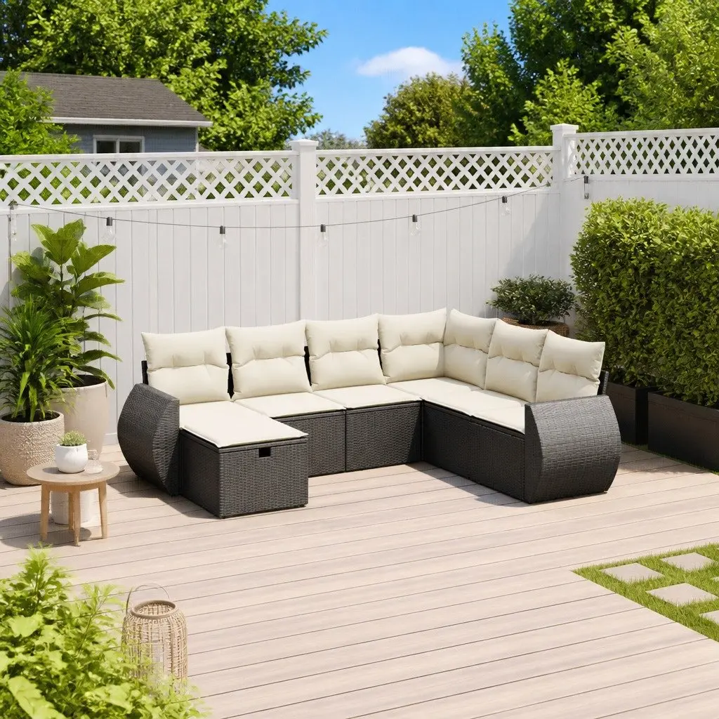 7 Piece Garden Sofa Set Outdoor Patio Furniture Black Poly Rattan Cushions