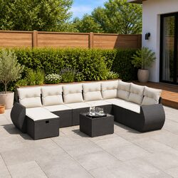 Outdoor Garden Sofa Set 9 Piece Black Poly Rattan Patio Furniture with Glass