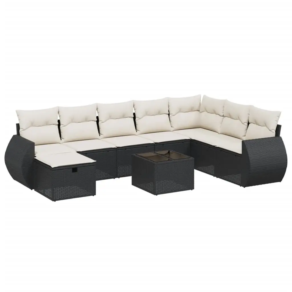 Outdoor Garden Sofa Set 9 Piece Black Poly Rattan Patio Furniture with Glass
