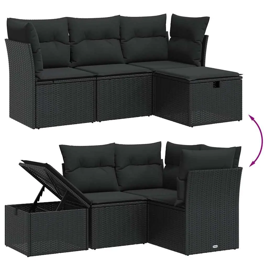 4 Piece Outdoor Garden Sofa Set Black Poly Rattan with Cushions Patio Furniture