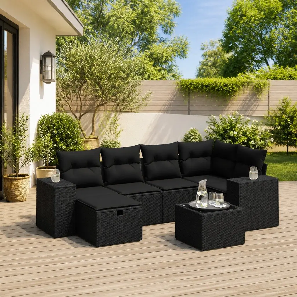 Garden Sofa Set 7 Piece Outdoor Patio Furniture Black Poly Rattan with Cushions