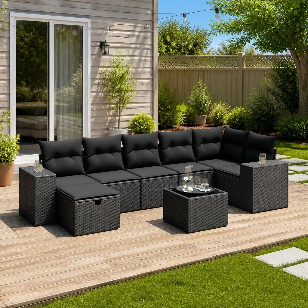 Garden Sofa Set 8 Piece Outdoor Furniture Black Poly Rattan Patio Sectional