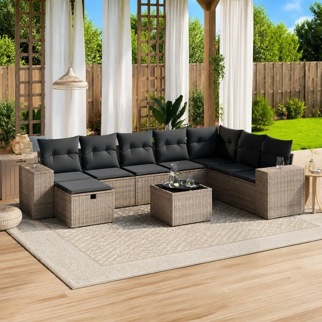 9 Piece Grey Garden Sofa Set with Cushions