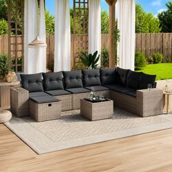 Comfortable 9 Piece Grey Garden Sofa Set with Cushions