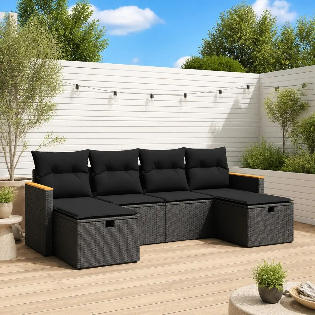 Garden Sofa Set 6 Piece Outdoor Furniture Patio Black Poly Rattan with Cushions