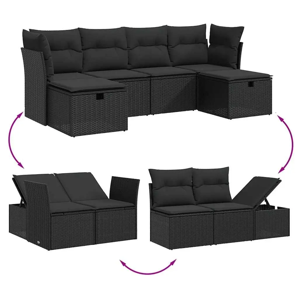 Garden Sofa Set 6 Piece Outdoor Furniture Patio Black Poly Rattan with Cushions