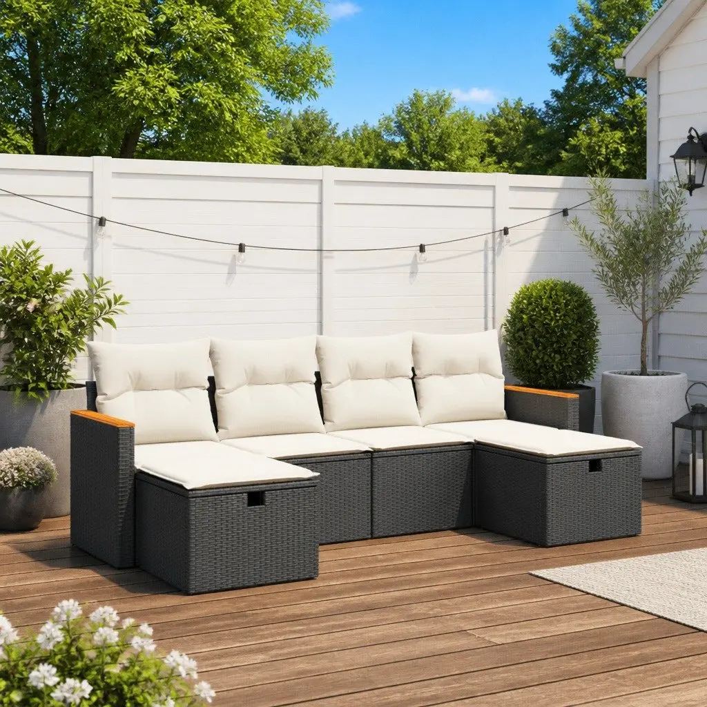 Garden Sofa Set 6 Piece Outdoor Patio Furniture with Cushions Black Poly Rattan