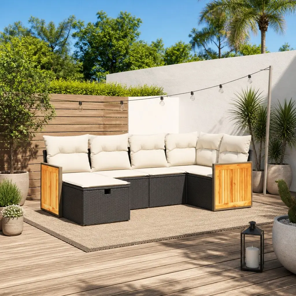 Garden Sofa Set 6 Piece Outdoor Patio Furniture Black Poly Rattan Modular