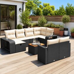 Outdoor Garden Sofa Set 11 Piece Black Poly Rattan Patio Furniture with Cushions