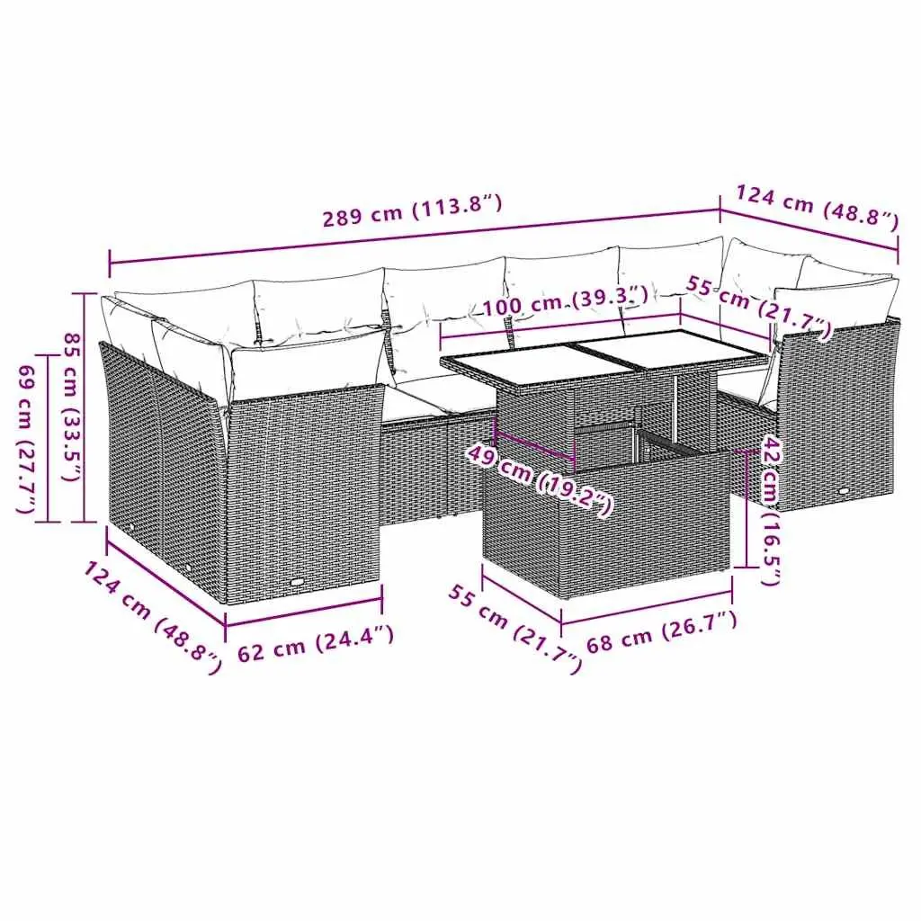 Garden Sofa Set 8 Piece Outdoor Furniture with Cushions Black Rattan Patio