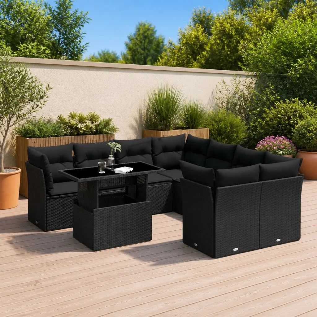 9 Piece Garden Sofa Set Black Poly Rattan with Cushions Adjustable Height
