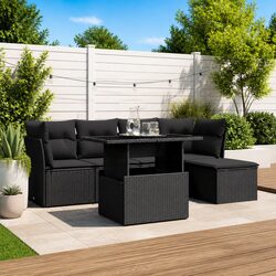 Garden Sofa Set 6 Piece Outdoor Furniture Black Poly Rattan Patio Cushions