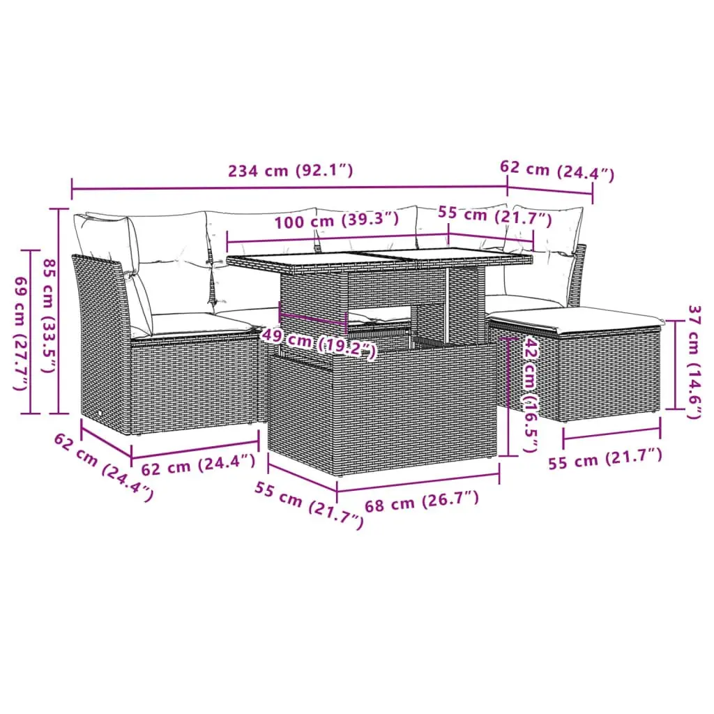 Garden Sofa Set 6 Piece Outdoor Furniture Black Poly Rattan Patio Cushions