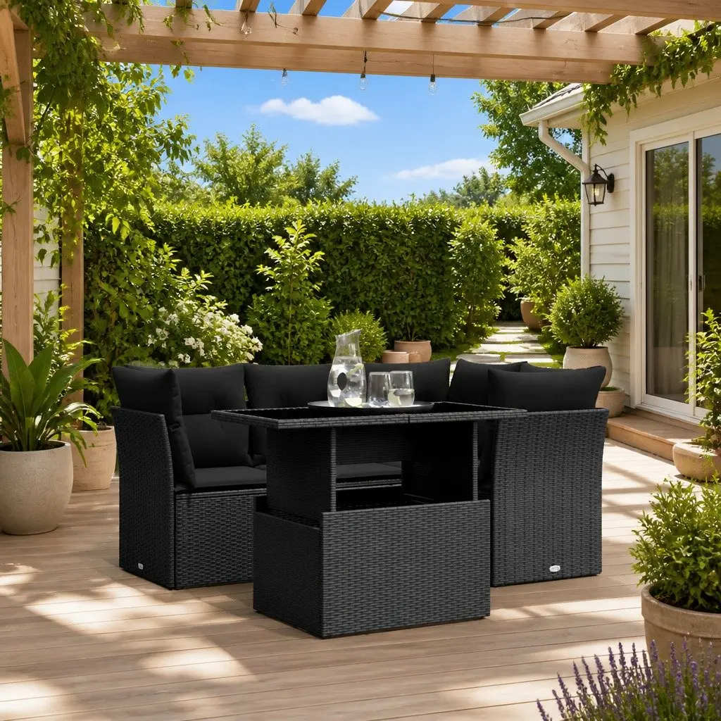 Garden Sofa Set Modular 5 Piece Black PE Rattan Outdoor Furniture