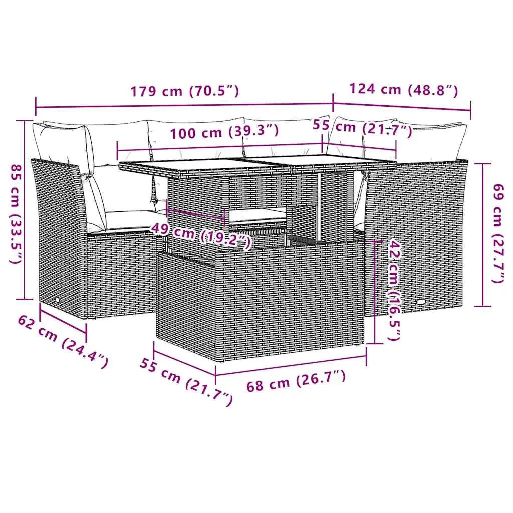 Garden Sofa Set Modular 5 Piece Black PE Rattan Outdoor Furniture