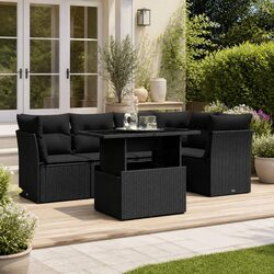 6 Piece Outdoor Garden Sofa Set Black PE Rattan Patio Furniture with Cushions