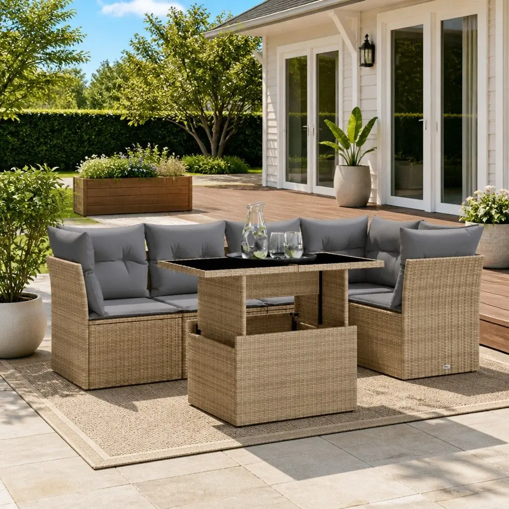 6 Piece Garden Sofa Set Beige Poly Rattan Outdoor Patio Furniture