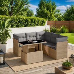6 Piece Garden Sofa Set Outdoor Patio Furniture with Cushions Beige Poly Rattan