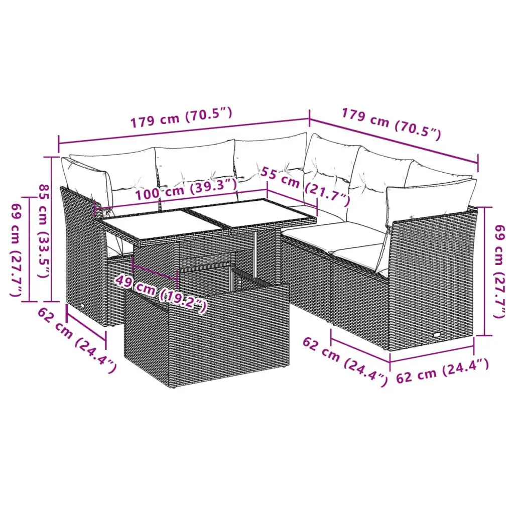 6 Piece Modular Garden Sofa Set Durable PE Rattan with Cushions Grey