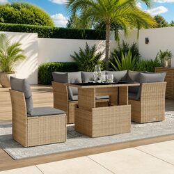 6 Piece Garden Sofa Set Outdoor Furniture with Cushions Beige Poly Rattan Patio