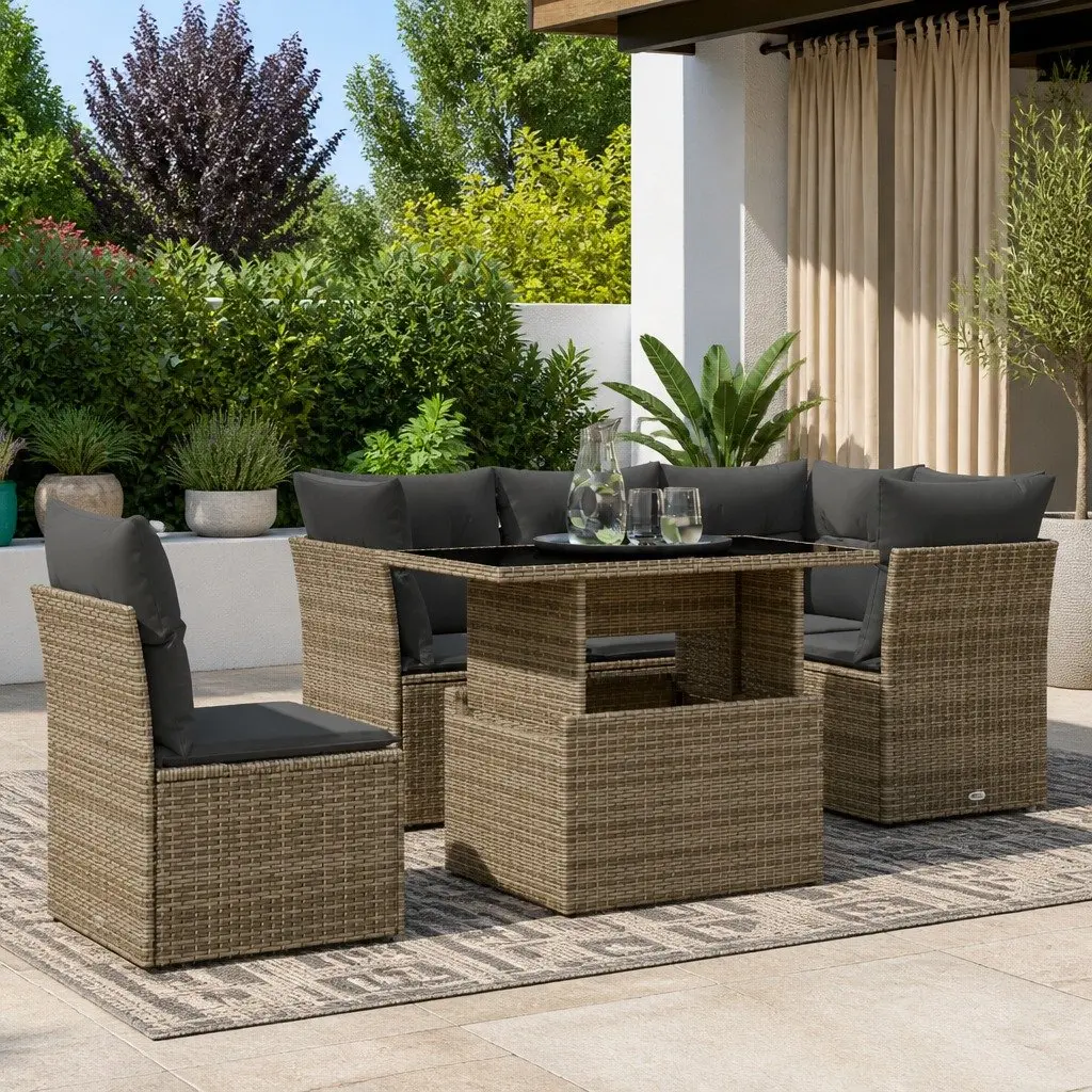 Garden Sofa Set Grey Poly Rattan 6 Piece with Cushions