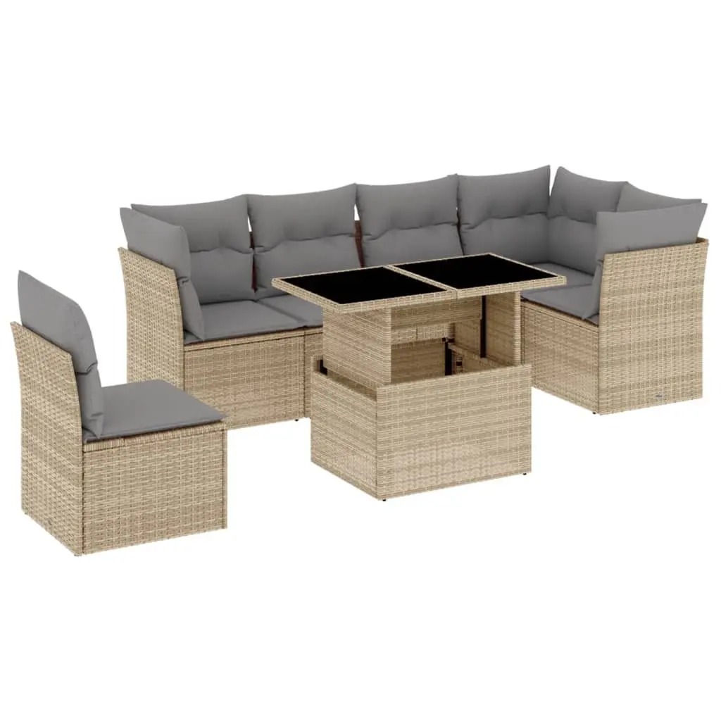 7 Piece Garden Sofa Set Beige Poly Rattan Outdoor Furniture with Cushions